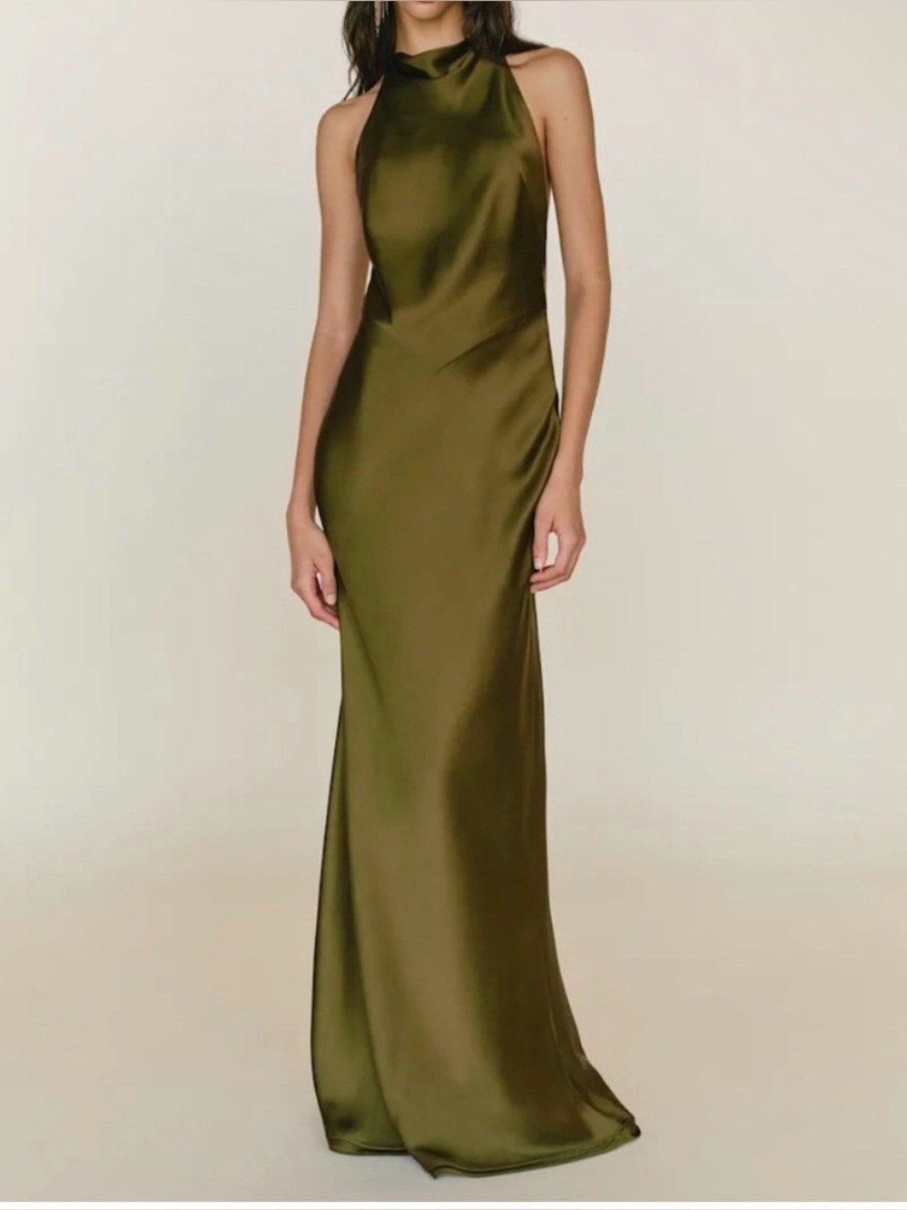Reformation - Elegant Olive Green Backless Satin Halter Dress (US 6) [Worn Once]